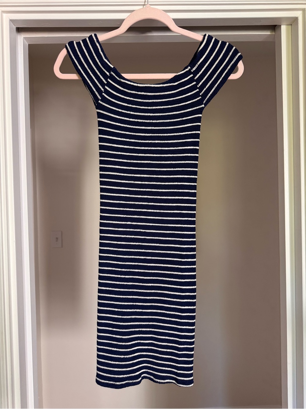 Hunza G Navy and White Striped Off-Shoulder Midi Dress